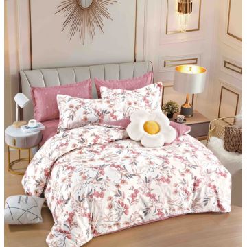 Set Lenjerie de Pat Finet 6 Piese, Bumbac Finet, Fara Elastic ,   Blush Blossom