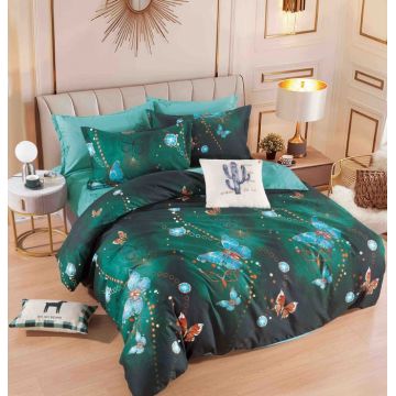 Set Lenjerie de Pat Finet 6 Piese, Bumbac Finet, Fara Elastic ,   Emerald Butterfly