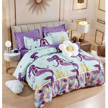 Set Lenjerie de Pat Finet 6 Piese, Bumbac Finet, Fara Elastic ,   Mermaid Princess