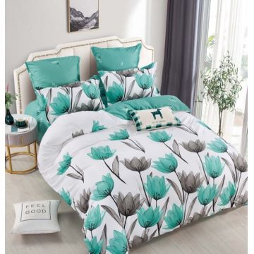 Set Lenjerie de Pat Finet 6 Piese, Bumbac Finet, Fara Elastic ,   Mint Blossom