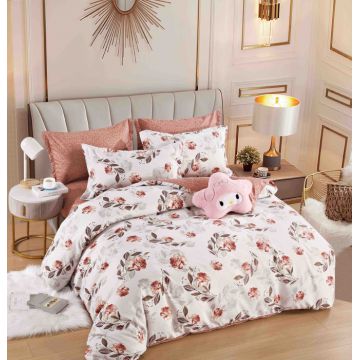Set Lenjerie de Pat Finet 6 Piese, Bumbac Finet, Fara Elastic ,   Peony Blush