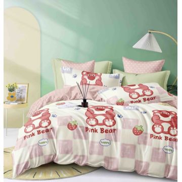 Set Lenjerie de Pat Finet 6 Piese, Bumbac Finet, Fara Elastic ,   Pink Bear