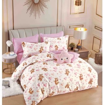 Set Lenjerie de Pat Finet 6 Piese, Bumbac Finet, Fara Elastic ,   Pink Teddy Love