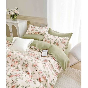 Set Lenjerie de Pat Finet 6 Piese, Bumbac Finet, Fara Elastic ,   Rose Garden