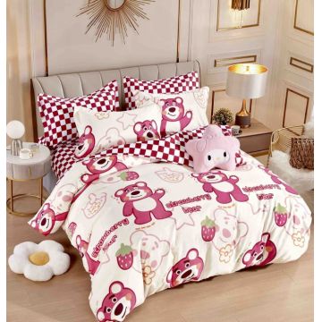 Set Lenjerie de Pat Finet 6 Piese, Bumbac Finet, Fara Elastic ,   Strawberry Bear