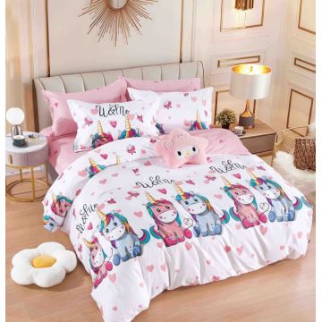Set Lenjerie de Pat Finet 6 Piese, Bumbac Finet, Fara Elastic ,   Sweet Unicorn Love