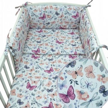 Set lenjerie de patut 3 piese Kerstin Fluturasi cu husa de pilota,fata de perna si aparatoare laterala 180x30 cm,din bumbac,inchidere cu fermoar,compatibila pautut 120x60 cm
