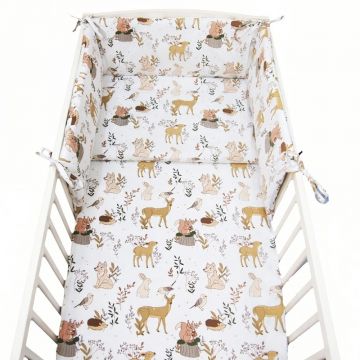 Set lenjerie de patut 3 piese Kerstin Forest Animals cu husa de pilota,fata de perna si aparatoare laterala 180x30 cm,din bumbac,inchidere cu fermoar,compatibila pautut 120x60 cm