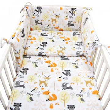 Set lenjerie de patut 3 piese Kerstin Forest Friends cu husa de pilota,fata de perna si aparatoare laterala 180x30 cm,din bumbac,inchidere cu fermoar,compatibila pautut 120x60 cm