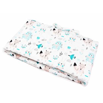 Set lenjerie de patut 3 piese Kerstin Woodland Animals cu husa de pilota 120x90 cm,fata de perna 40x60 cm si aparatoare laterala 180x30 cm,din bumbac,inchidere cu fermoar