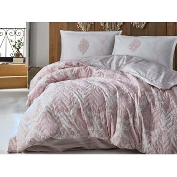 Set Lenjerie si Cuvertura Fiorita Roz (Bumbac 100%)