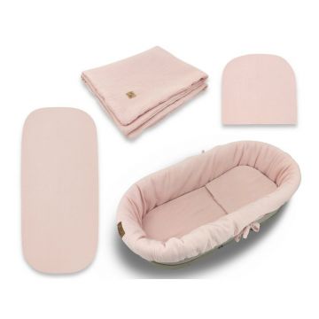 Set pentru landou/cosulet, Qmini, Cu protectie, pilota, saltea, pernuta, Din muselina dubla, Material certificat Oeko Tex Standard 100, Powder Pink