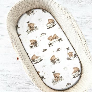 Cearceaf cu elastic, MimiNu, Pentru landou, carucior si cosulet, Dimensiune 80x35 cm, Din bumbac certificat Oeko Tex Standard 100, Tedy bear dreams beige