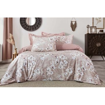 Lenjerie de pat dubla, L'essentiel Maison, Romantica, SATIN DE BUMBAC, Pudră / Alb / Maro