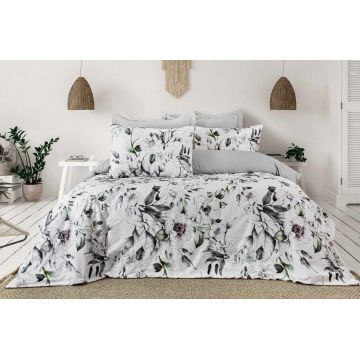 Lenjerie de pat dubla, L'essentiel Maison, Ruma, SATIN DE BUMBAC, Alb / Verde / Gri închis