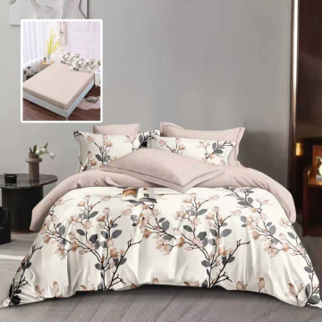 Lenjerie de pat finet 6 piese, cearceaf pat cu elastic, cearceaf pilota 200x230, 2 fete perna 50x70, 2 fete perna 70x70, Extra, Flori Crem
