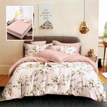 Lenjerie de pat finet 6 piese, cearceaf pat cu elastic, cearceaf pilota 200x230, 2 fete perna 50x70, 2 fete perna 70x70, Extra, Flori roz