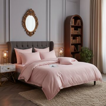 Lenjerie de pat pentru 2 persoane XXL, Bumbac Damasc 100%, 4 piese, Cearceaf pat 240x260, Cearceaf pilota 200x230, Fete de perne 50x70 x 2, roz pudra