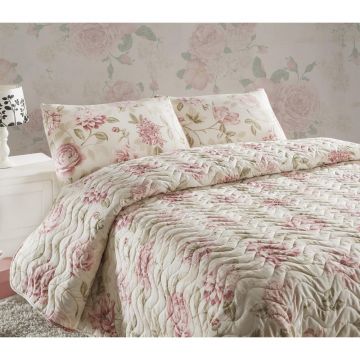 Set cuvertura matlasata single , Roz, 220x160 cm - Roz