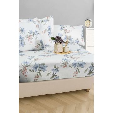 Set de pat dublu (cearceaf cu elastic si perne) Satin, L'essentiel Maison, Carina 160, Alb / Albastru / Verde / Roz