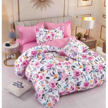 Set Lenjerie de Pat Finet 6 Piese, Bumbac Finet, Fara Elastic ,   Pink Blossom