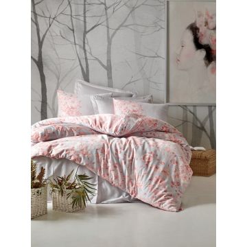Lenjerie de pat din bumbac Satinat Jardin Gri / Somon, 200 x 220 cm