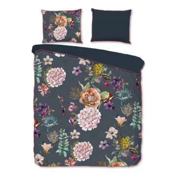 Lenjerie de pat din bumbac organic pentru pat de o persoană Descanso Peonies, 140 x 220 cm, gri antracit