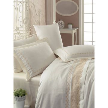 Lenjerie de pat din bumbac Satinat Premium Lace Ecru, 200 x 220 cm