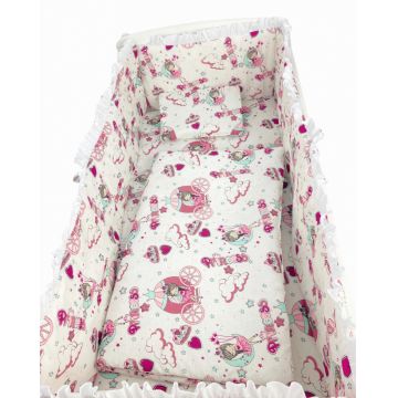 Lenjerie patut cu 5 piese Croitoria Noastra Printese pe alb 140x70 cm