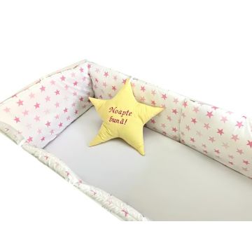 Set de aparatori pufoase h35 pat 140x70 cm DeLuxe Stelute roz pe alb