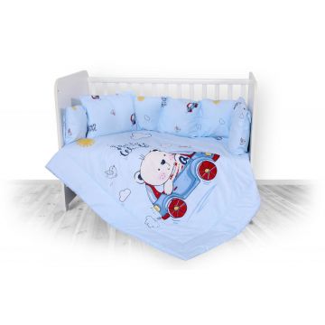 Set lenjerie pat bumbac ranforce 7 piese Lili Bear Car Blue
