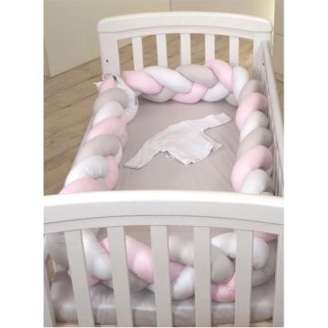 Aparatoare laterala pat bumper impletit bumbac alb - gri - roz 340X21 cm