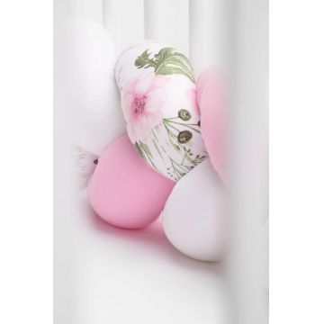 Aparatoare laterala pat bumper impletit bumbac alb - roz - flori 340X21 cm