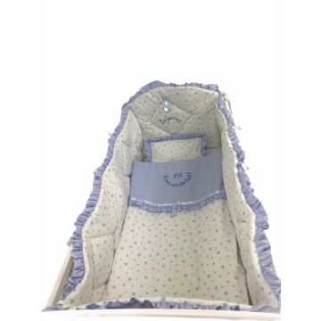Lenjerie de pat bebelusi brodata Fii binecuvantat ingeras 140x70 cm stelute albastre