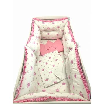 Lenjerie patut 140x70 cm cu 6 aparatori pufoase, cearsaf si paturica Coronite roz