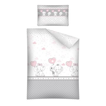 Lenjerie patut cu 5 piese 120x60 cm Elefant cu balon inima roz