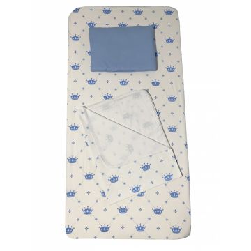 Set 3 piese paturica cu cearsaf si pernuta 120x60 cm Coronite albastre