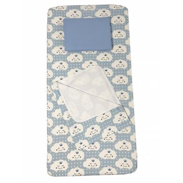 Set 3 piese paturica cu cearsaf si pernuta 160x80 cm Norisori zambareti albastri