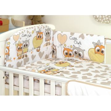 Set lenjerie din bumbac cu protectie laterala pentru pat bebelusi 120x60cm Bufnita Bej