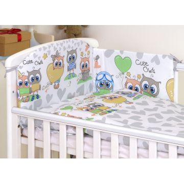 Set lenjerie din bumbac cu protectie laterala pentru pat bebelusi 120x60cm Bufnita Gri