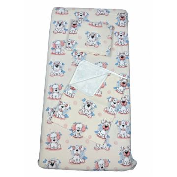 Set 3 piese paturica cu cearsaf si pernuta 120x60 cm Catelusi