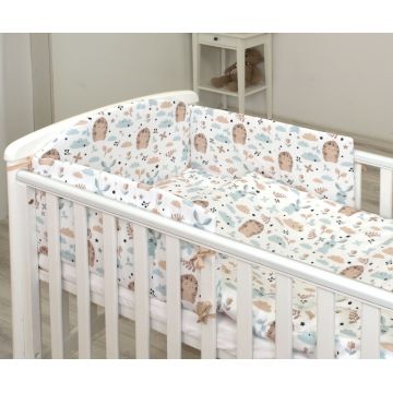 Set lenjerie din bumbac 3 piese cu protectie laterala pentru pat bebelusi 120 x 60 cm Iepuras Blue