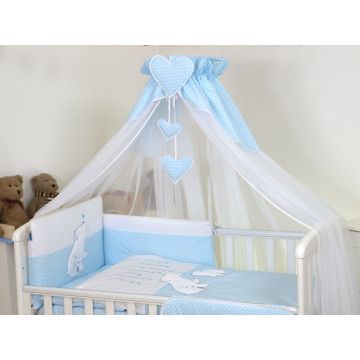 Set lenjerie din bumbac cu protectie laterala pentru pat bebelusi Bear Heart Blue 120x60 cm