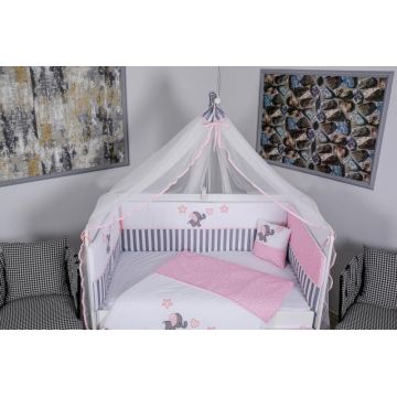 Lenjerie 11 piese Elephant gri-roz cu baldachin 120x60 cm