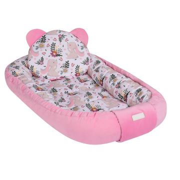 Baby Nest multifunctional cu doua tipuri de material Velur Pink Rabbits