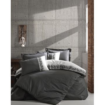 Lenjerie de pat din bumbac Ranforce, Rosinda Gri Inchis / Crem, 200 x 220 cm