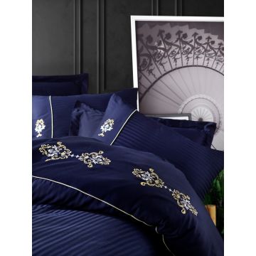 Lenjerie de pat din bumbac Satinat King Bleumarin / Galben, 200 x 220 cm