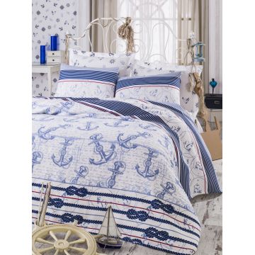 Set cuvertura de pat, Ancora Albastru / Alb, 4 piese, 200 x 235 cm