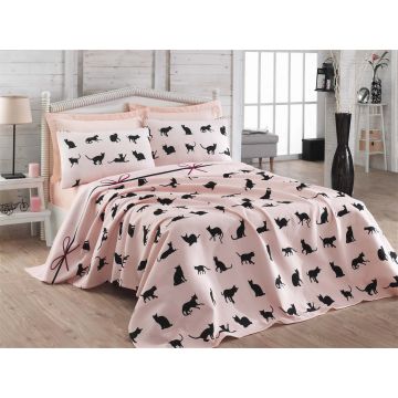 Set cuvertura de pat, Cats Roz / Negru, 4 piese, 200 x 235 cm