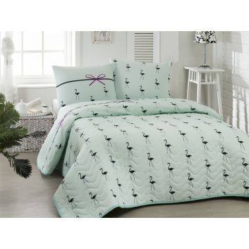 Set cuvertura si 2 fete de perna Flamingo Verde Mint / Negru, 200 x 220 cm